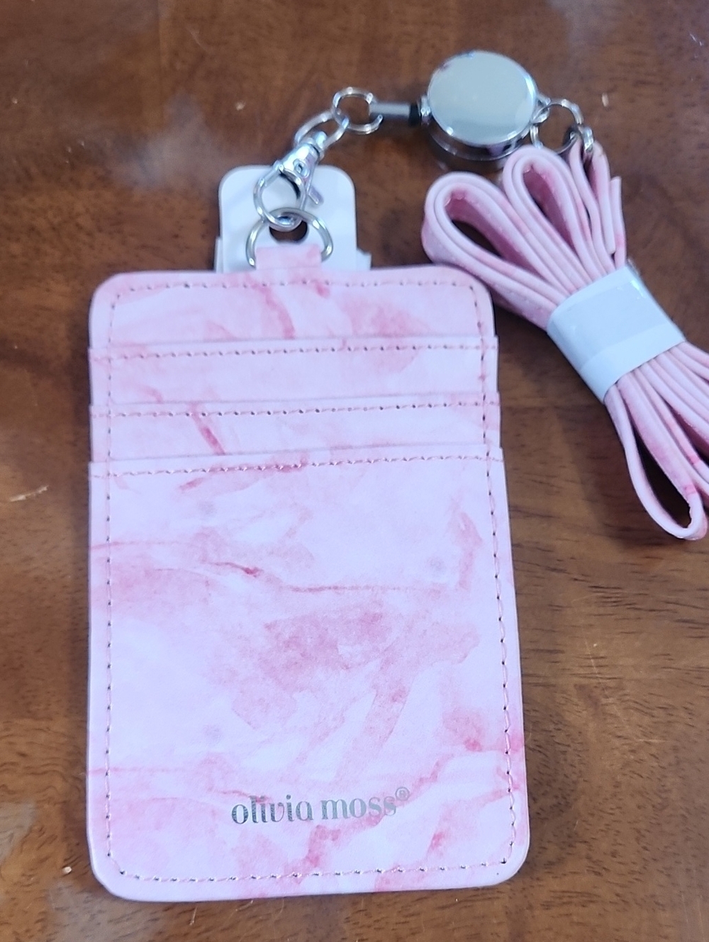 Olivia Moss Pink Marble ID‎ Card Holder with Retractable Reel and Lanyard